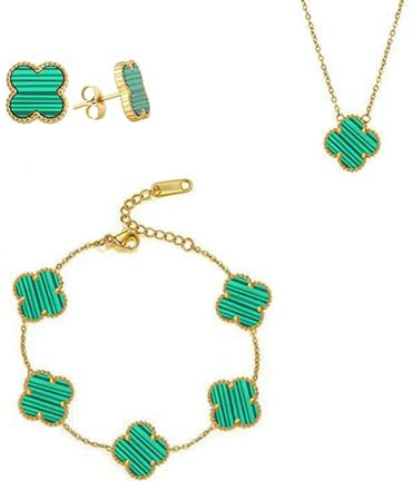 Simllyda 18K Vergoldet Vierblättriges Kleeblatt Halskette Ohrringe Armband, Vierblättriges Kleeblatt Schmuckset, Vierblättriges Glücksklee Schmuckset für Damen und Mädchen (Grün)