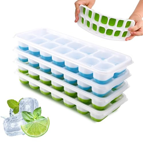 Bac a Glacon, 4 Silicone Bacs à Glaçons avec Couvercle, Glacons Moule Sans BPA à Dégagement Facile, Ice Cube Tray Pour Whisky, Cocktails, Boissons (Bleu+Vert)