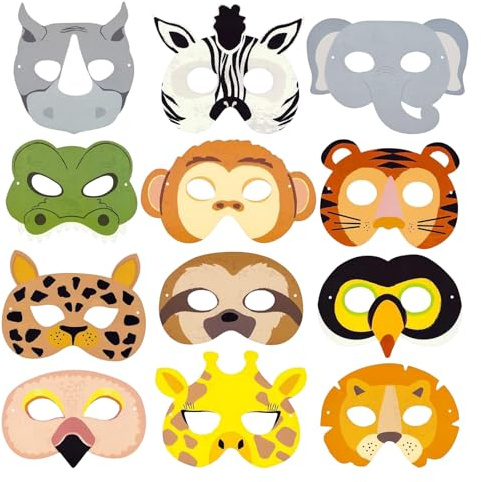 XDGBGFN Lot de 12 masques d'animaux pour enfants - Thème de la jungle - Pour fête d'anniversaire - Accessoires de décoration