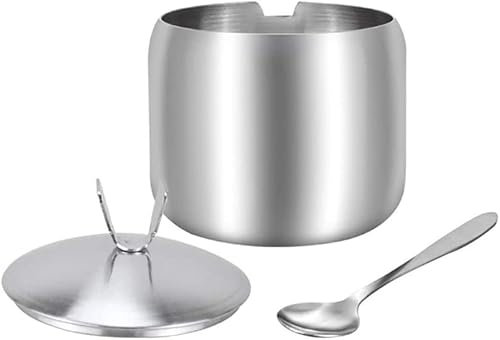 Azucarero de acero inoxidable con tapa y cuchara, tarro de especias (plateado)