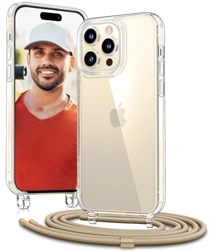 Vaykwo Handykette mit Band für Apple iPhone 15 Pro Max Hülle - Necklace Handyhülle - Transparente Case zum Umhängen mit Kameraschutz und Bildschirmschutz - Golden