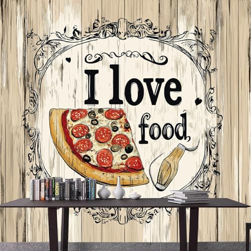 I Love Food Photo Mural - 300 x 210 cm Non-Woven Premium Fleece Wall Mural - High Definition Art Print Teen Bedroom Game Room Decoration Environmental Friendly Pizza Photo Wallpaper