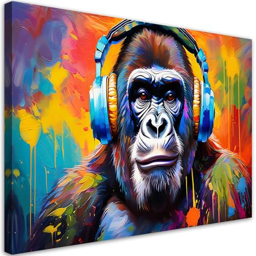 Feeby Impression sur toile - Singe coloré avec écouteurs - decoration chambre - 60x40 cm - decoration murale - decoration maison - Moderne - ART - poster mural