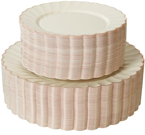 ISFANGCO 72PCS Ivory Plastic Plates Set for 36 Guests, Heavy Duty Scalloped Plate with Rose Gold Rim for Wedding Party, 36 Dinner Plates 10.25, 36 Dessert Plates 7.25
