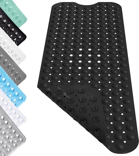 Tapis de Douche Antidérapant, 100 x 40 cm Tapis de Baignoire Antidérapant avec Ventouses, Long Confort Tapis de Bain avec Trous de Drainage, pour Baignoire, Noir