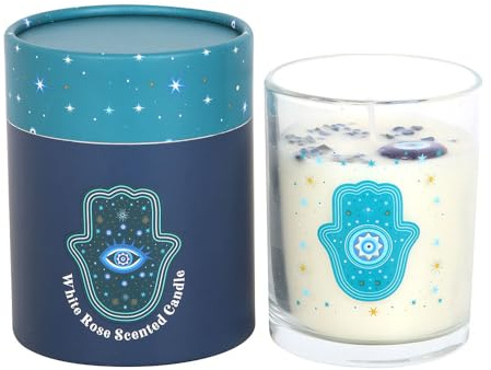Hamsa White Rose Crystal Candle | 48 Hour Burn | Protective Spiritual Decor | Mystical Gift | Star Accent Glass Jar