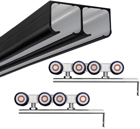 Rail porte coulissante Quincaillerie Porte Grange Coulissante Noire À Montage Au Plafond 2 Portes, Kit Rail Porte Contournement Qualité Commerciale - Alliage D'aluminium, Robuste(6ft/72in/183cm)