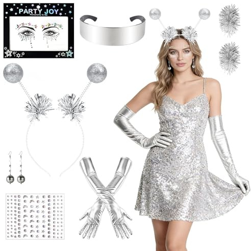 7 Stück Alien Kostüm Set, Alien Accessoires Set, Alien Kostüm Damen, Alien Accessoires für Damen, Alien Outfit Damen, Alien Kostüm Zubehör,Geeignet für Karneval, Mottopartys, Weltraummädchen-Kostüm