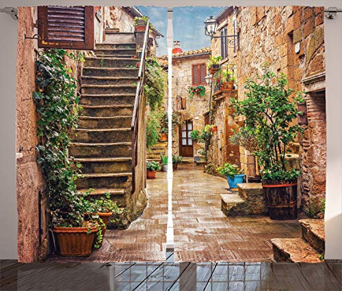ABAKUHAUS Italien Rustikaler Vorhang, Old Stone Street Häuser, Wohnzimmer Universalband Gardinen mit Schlaufen und Haken, 280 x 245 cm, Sand Grün