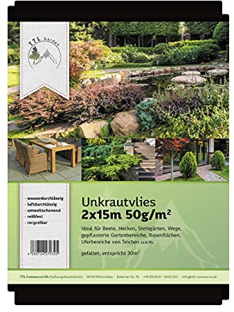 TTL Garden 50g/m² Unkrautvlies 30m² 2m x 15m - sehr wasserdurchlässig 15 x 2 m breit - Gartenvlies reißfest UV-stabil & atmungsaktiv - Garten Unkraut Mulchvlies Vlies Folie gegen Unkraut - schwarz