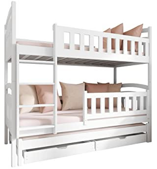 Mirjan24 Etagenbett Kigaru, Hochbett mit 2 Schubladen, Etagenbett 3 Personen, Kinderbett mit Lattenrost, Stockbett für DREI Kinder, Bettrahmen aus Kiefernholz, Kinderzimmer (Weiß/Weiß., 90 x 200 cm)