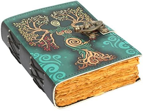 Tuzech Book of Spells Tagebuch mit Lederbindung, Büttenrand, bedrucktes Tagebuch, drittes Auge, Hexereibedarf und Hexenzauber, Notizbuch, antikes Vintage-Buch für Männer und Frauen (grüne Dame)