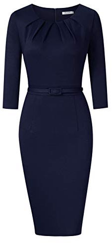 KOJOOIN Damen Etuikleid Business Bodycon Knielang Kleider Langarm Vintage Cocktailkleid mit Gürtel Blau Dunkelblau L