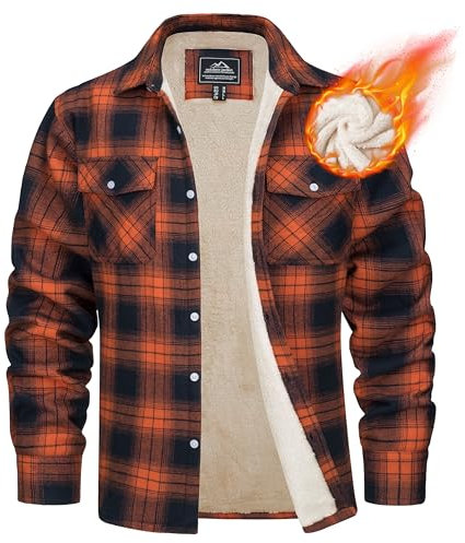 MAGCOMSEN Herren Thermohemd Warme Kariertes Hemd Gefüttert Plaid Jacke Baumwolle Holzfällerhemd Herren Flanell Winterjacke Lässig Outdoor Übergangsjacke mit Multi Taschen Orange XXL
