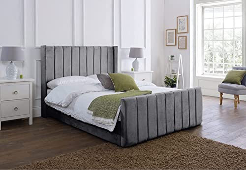 SANA SLEEP 4FT6 Ottoman Panel Wing Plush Velvet Upholstered Bed Frame With Storage Option - Plush Steel