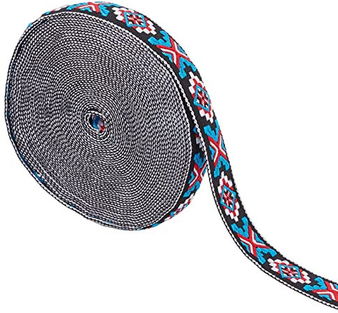 GORGECRAFT 10m Ethnisches Jacquard-Band Besticktes Band 3/4, Zoll Breit Rot Blau Weiß Gemischt Geometrisch Gewebt Fransen Oder DIY-Näharbeiten Kleidung Verschönerung Taschendekoration