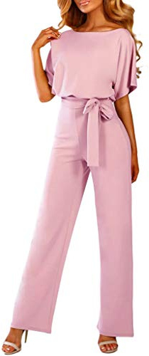 Jumpsuit Damen Elegant für Hochzeit - Hosenanzug Damen Festlich Overall Damen Sommer Kurzarm mit Gürtelbindung Rundhals Einteiliger Hose Straight Weites Bein Playsuit Romper Jumpsuits Frauen