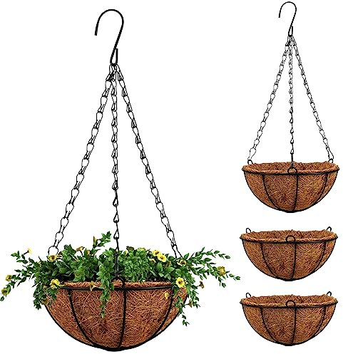 CECOMBINE 4Pcs 8inch Metal Hanging Basket with Coco Liner, Round Wire Hanging Planters Plant Pots Metal Hanging Flower Pots for Indoor Outdoor Garden Porch Decoration