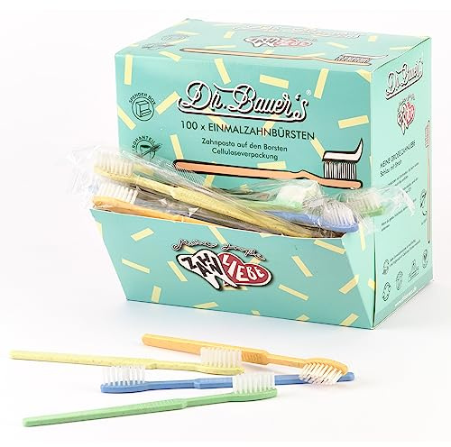 Dr. Bauer's Einmalzahnbürsten mit Zahnpasta, 100er Pack | orange/grün/blau/gelb