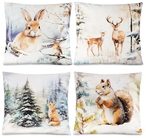 COLOFALLA 4PCS Taies d'oreiller Noël Housse de Coussin Lapin Renne de Noël Nouvel an Motif Animaux Taie Décorative Canapé Décoration Maison Salon 45 x 45 cm