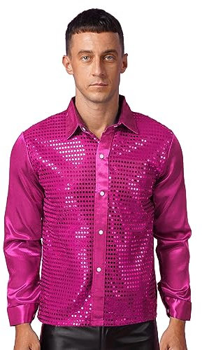 Alvivi Homme Chemise Paillettes Brillant Chemise Disco Soirée Rave Party T-Shirt Manches Longues Costume De Carnaval Fête Performance Clubwear M-XL Rose Vif C L