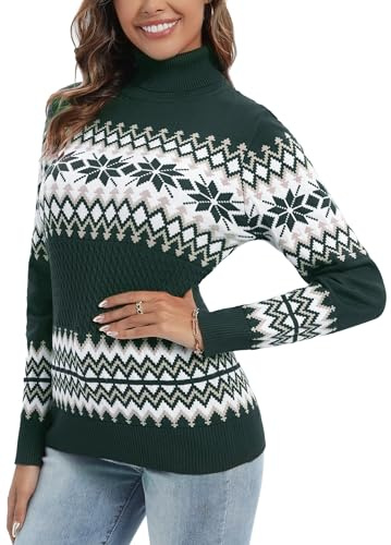 Yukiuiny Damen Rollkragen Weihnachtspullover Kuschelig Feinstrick Norwegerpullover mit Gerippt Bündchen Festlich Christmas Sweater