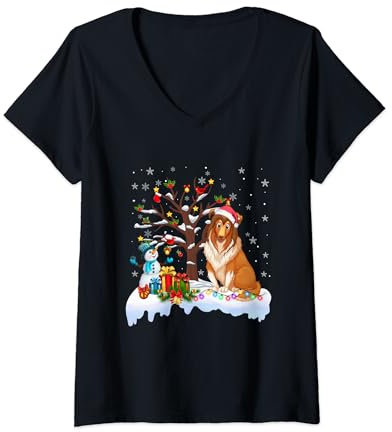 Rough Collie Hund Weihnachtsbaum Beleuchtung Rough Collie Weihnachten T-Shirt mit V-Ausschnitt