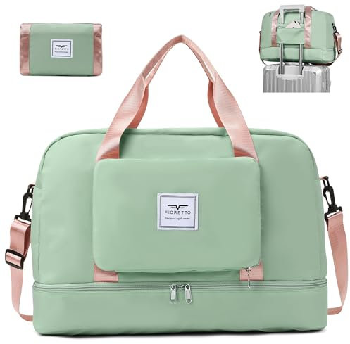 FIORETTO Faltbare Damen-Reisetasche, Wochenend-Krankenhaus-Übernachtungstasche mit Schuhfach und Nassfach, Wasserabweisende Sporttasche Handgepäcktasche Grün