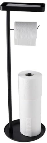 Free-Standing Toilet Roll Holder with Top Storage Shelf, Black Toilet Paper Holder Stand, Floor Standing Toilet Roll Dispenser Storages 4 Reserve Rolls