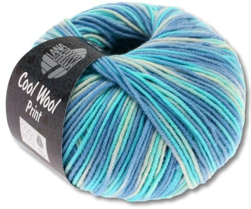 Frida's Wollhaus Lana Grossa 50 g Cool Wool Print Merino Wolle Garn Häkeln Stricken 16 Farben (728 | Himmelblau/Helltürkis/Ecru)