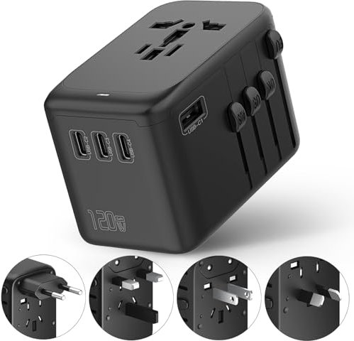 Internationaler 120-W-Reiseadapter, 4USB-C & 1USB-A weltweites Wandladegerät, GaN-Schnellladegerät mit UK-EU-AU-US-Steckern, internationaler All-in-One-Konverter für Laptops, Tablets, Telefone