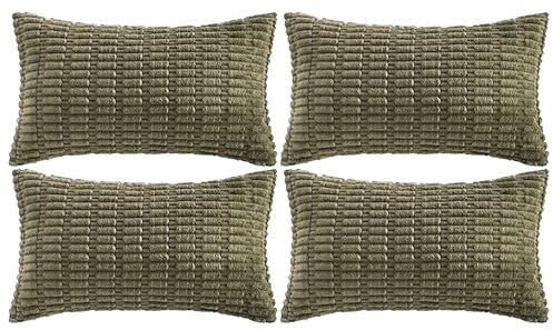 Ci & Ci 4er Set Deko Kissenbezug 30x50 cm, Olivgrün Kordsamt Kissen Sofakissen Dekokissen Zierkissen, Flauschig Kissenbezüge Kissenhülle für Sofa Couch