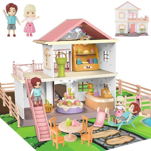 deAO Puppenhaus-Spielzeug für Mädchen und Jungen, 2-stöckiges Spielhauspuppen mit 2 Figuren, Möbel, Zubehör für Lebensmittel, Doll House Geschenk für Kinder ab 3+ Jahren (Nachmittagstee für Freunde)