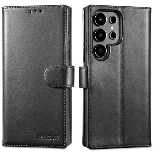 LENSUN Echtleder Hülle für Samsung Galaxy S24 Ultra, Handyhülle [Echtes Leder][RFID Schutz][Standfunktion] Lederhülle Handytasche für Galaxy S24 Ultra 5G - Schwarz
