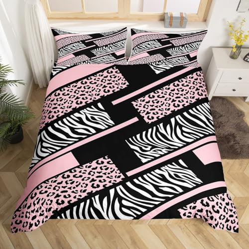 Manfei Pink Leopard Kids Duvet Cover Set Double Size, Cheetah Zebra Striped Print Comforter Cover, Wild Animal Skin Bedding Set for Girls Adults Room Decor, Lightweight Bedspread Cover, 2 Pillowcases