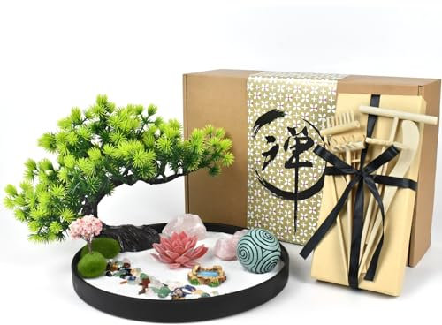 Artcome Japanischer Zen-Sandgarten für den Schreibtisch – handgefertigtes rundes Tablett für Meditationstherapie – Achtsames Entspannungswerkzeug ab 15 Jahren für Stressabbau – Schreibtischzubehör für
