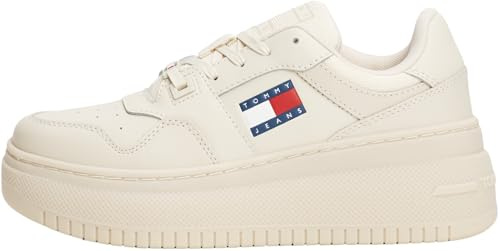 Tommy Jeans Women's New TJW Retro Basket Sneaker FL EN0EN02506, Beige, 39.5 EU, Beige, 40 EU