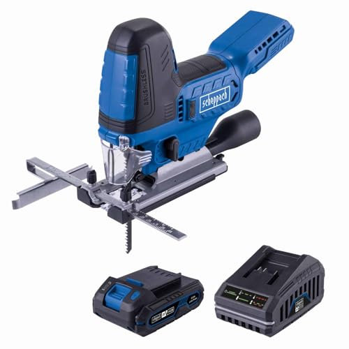 Scheppach Akku-Stichsäge BC-JS254-X 20V Brushless | Hublänge 25,4mm | Hubzahl 1000-3000 min-1 | Schnitttiefe 100mm (Holz), 10mm (Metall), 15mm (Aluminium) | 20V-IXES-Serie | mit 2Ah Akku & Ladegerät