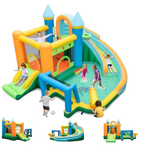 GOPLUS Château Gonflable Enfant, Aire de Jeux Enfants 3-10 Ans avec Piscine, Toboggans Doubles, Mur d'escalade, Canon à Eau, Basket-Ball, Football, Balles Océaniques Charge 90KG