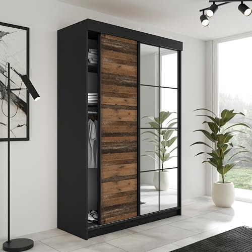 KIER FURNITURE Schiebegarderobe LAMARO mit Spiegel - Schrank Schlafzimmer – Schlafzimmerschrank – Wardrobe Bedroom – Kleiderschränke – Kleiderschrank - 138x205x59 - Schwarz & Old Style