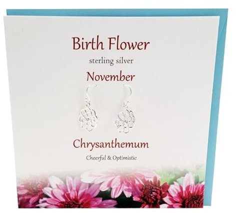 JRose Collections November Birth Flower Silver Chrysanthemum Earrings - Cheerful & Optimistic Sterling Silver with Gift Card - 18 (45cm) Sterling Silver Necklace - Jewellery Card & Gift in One