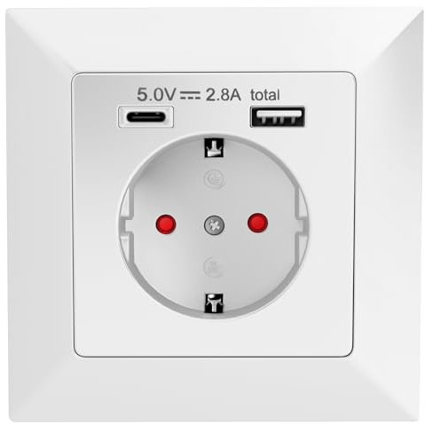 hb-digital Steckdose 1x Schutzkontakt 1x USB-A 1x USB-C Steckdosenleiste 14W Gesamtleistung 5V Ladegerät Energieeffizienz>80% Steckdosenadapter RoHS- REACH-konform Einbautiefe 32 mm für Innenbereich
