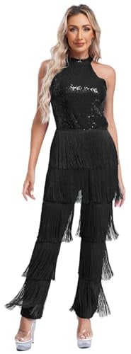 Kvysinly Damen Pailletten Overall Einteiler Jumpsuit Quaste Strampler Neckholder Rückenfrei Schwarz L