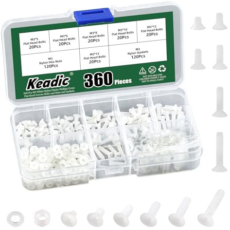 Keadic 360 tornillos M3 de nailon blanco para máquina de countersunk, tornillos de cabeza plana de nailon, tornillos métricos, tornillos de lavado, kit métrico de rosca, juego de surtido de tornillos