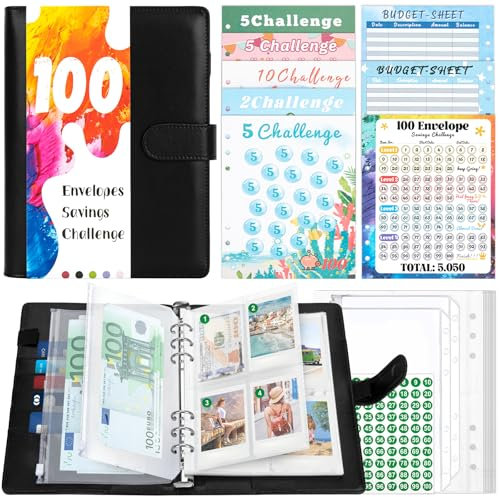 TAOPE A5 Binder mit Budget Planner Zubehör, Schwarz, Kunstleder, 6 Ringe, A5 Nachfüllbar, Organizer, Ordner