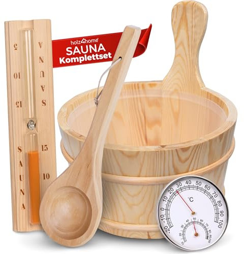 holz4home® Sauna Eimer Set I Hochwertiges Saunazubehör Eimer mit Kelle Sanduhr Thermometer Hygrometer I Hitzebeständiges Sauna Set aus Holz I Komplettset Fasssauna Saunakübel mit Einsatz