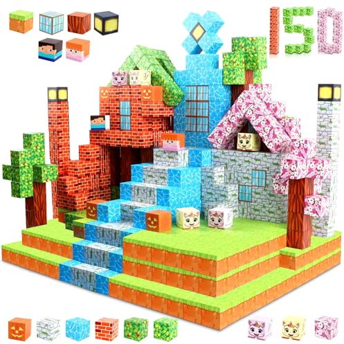 Uiczdry Magnetische Bausteine Plus 150 Teile,2.5CM/Stück Magnetische Sensorik Blöcke Welt,Gestalte Dein Spielzeug im Stil Einer Waldhütte,Montessori Spielzeug ab 3 Jahren Geschenk für Kinder