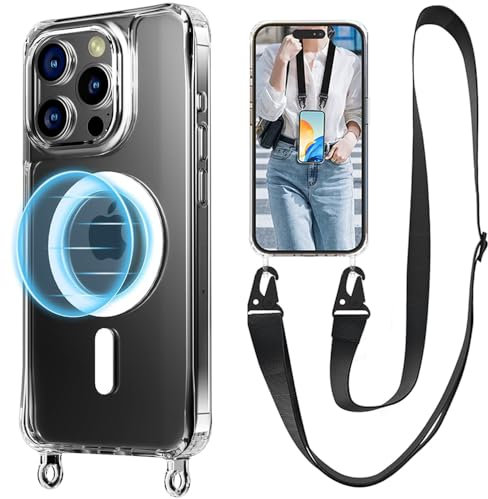 UnnFiko Handykette für iPhone 15 Pro MagSafe Hülle mit Band,Transparent Magnetische Handyhülle mit Verstellbarer Kette zum Umhängen,Schwarz