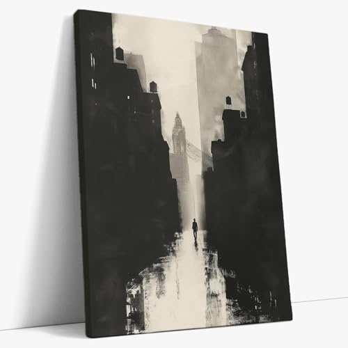 AKINDA Art Gallery - Modernes Bild 30 x 40 cm - Urban Einsamkeit - Schwarz und Weiß - Stadt - Wohnkultur - KI-Bilder - Geschenkidee für Wohnkultur