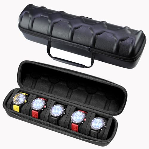 Kai Tian Uhrengehäuse aus EVA mit mehreren Schlitzen für Herren, elegante Uhrenbox mit mechanischem Zahlenschloss und Airtag-Halter für Privatsphäre 5 Fächern PU Leder